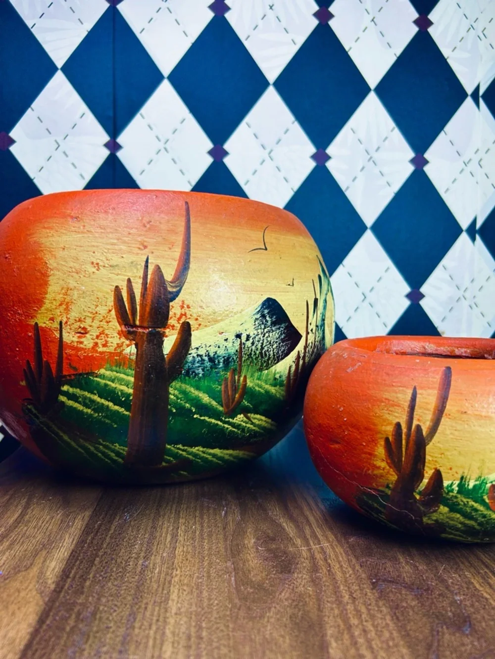 1970s Mexican Desert Landscape Planters Hand Painted Clay Pottery Southwestern - Picture 5 of 12